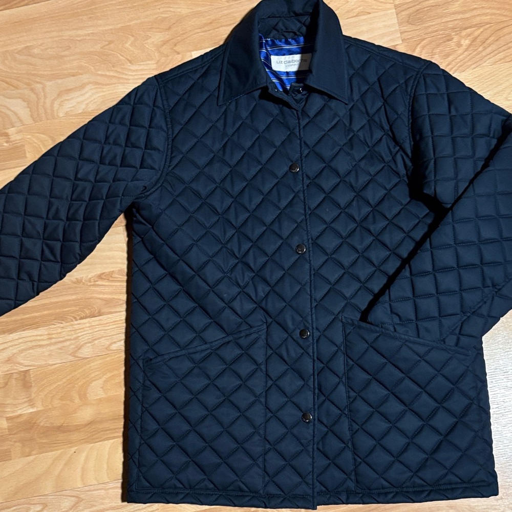 Liz Claiborne Navy Quilted Utility Jacket with button front and pockets.